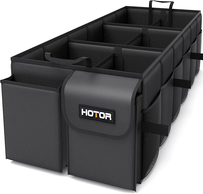 HOTOR Trunk Organizer - Foldable Car Organizer for SUVs & Sedans Storage | Sturdy Car Organization for Men & Women, Car Accessories, Tools, Sundries, Black, 6 Compartments, 34.8" x 16.0" x 11.6" by HOTOR
