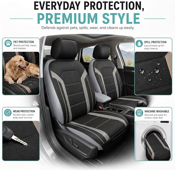 FH Group Front Set Faux Leather Car Seat Covers Cushions for Low Back Seat, Universal Fit, Airbag Compatible Seat Cover for SUV, Sedan Gray/Black - Image 6