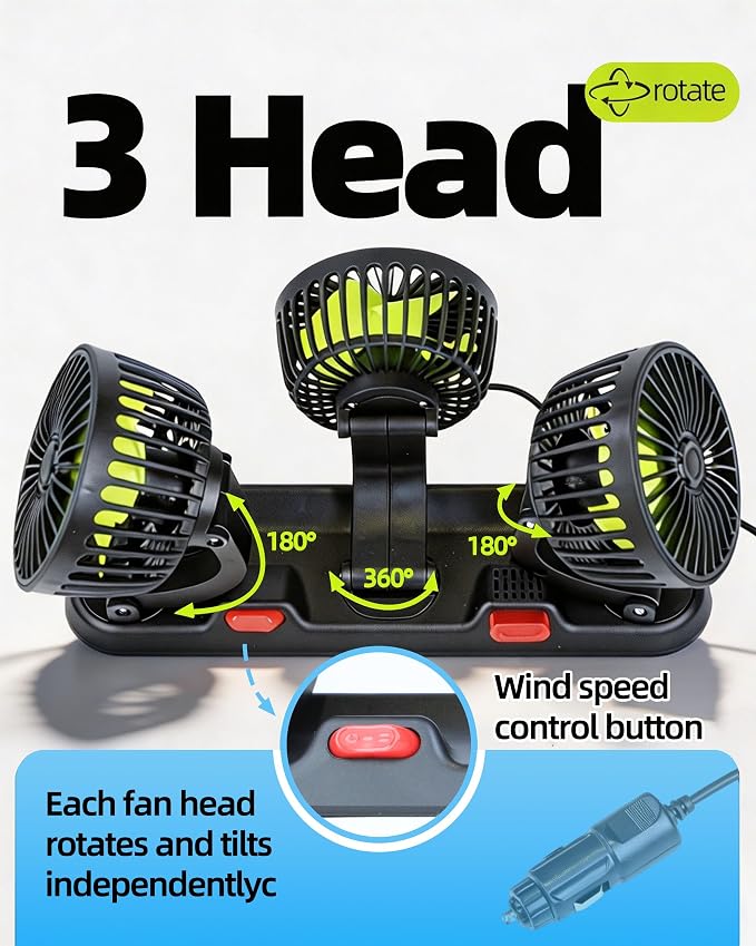 aletbo Car Fan, 12V Fan Triple Head, Powerful Airflow, 360° Adjustable, 2-Settings, Dashboard Fan Suitable for Truck, RV, Semi, Camper Trailer - Image 2
