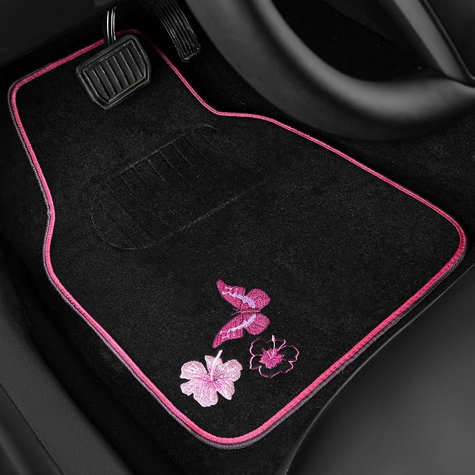 CAR PASS Embroidery Butterfly and Flower Car Floor Mats, Pink Car Floor Mats Universal Fit 95% Automotive,SUVS,Sedan,Vans,for Cute Women,Girly,Set of 4 (Black with Pink) - Image 2