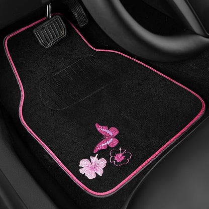 CAR PASS Embroidery Butterfly and Flower Car Floor Mats, Pink Car Floor Mats Universal Fit 95% Automotive,SUVS,Sedan,Vans,for Cute Women,Girly,Set of 4 (Black with Pink) - Image 2