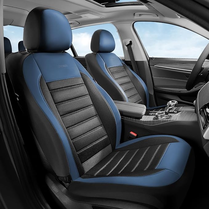 Coverado Car Seat Covers Front Seats, Luxury Leather Car Seat Covers, Automotive Mesh Seat Covers 2 Pack, Airbag-Compatible, Black Blue Seat Covers for SUV Sedan Truck by COVERADOAUTO