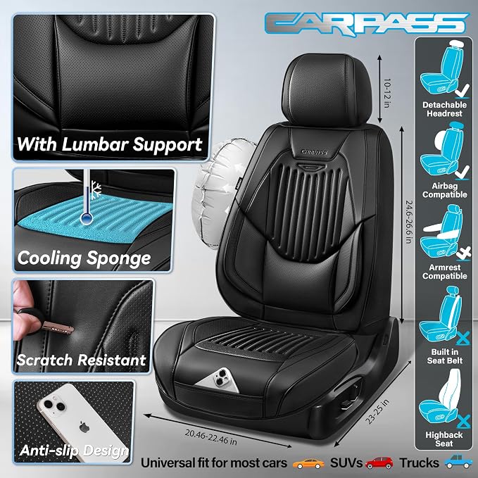 CAR PASS Luxury Nappa Leather Car Seat Covers Full Set, Lumbar Support Seat Covers for Car 5 Seats, Waterproof Car Seat Protector, Automotive Seat Covers Universal Fit for Most Sedans SUV Trucks Black - Image 3