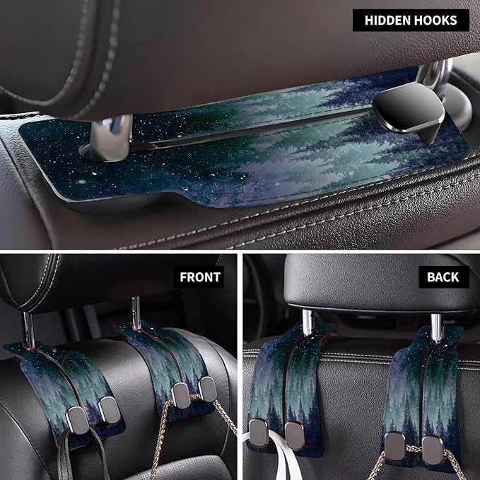 Car Seat Back Storage Headrest Hook, Premium Leather Double Metal Hook, Hanger Storage Organizer for Purse Cloth Bag, Car Interior Accessories Purple Cute Universe Forest - Image 4