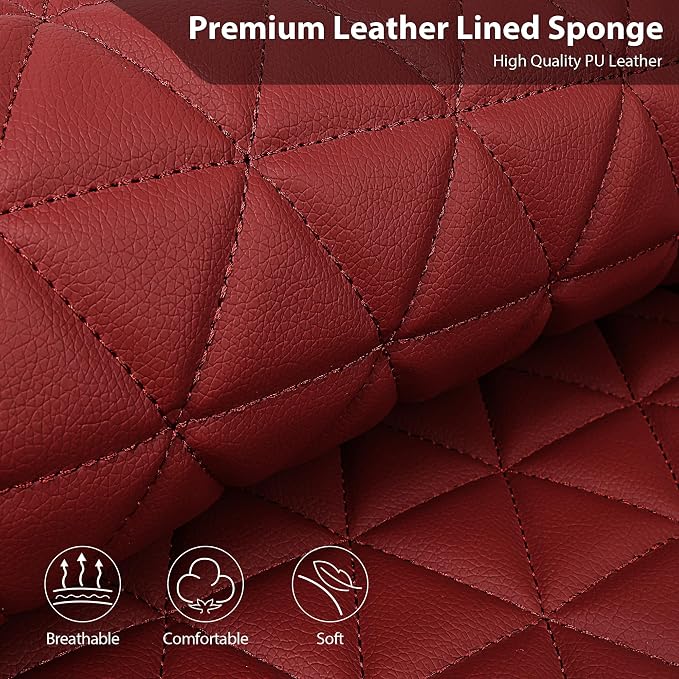CAR PASS Bling Diamond Burgundy Leather Car Seat Covers Full Sets Interior Sets, Waterproof Shining Glitter Sparkly Crystal Universal Armrest Fit Automotive Truck SUV Cute Women Girl, Red Rhinestone - Image 5