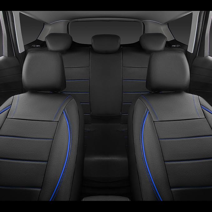 CAR PASS Universal FIT Piping Leather Two Front Seat Covers, Waterproof Faux Leather for SUV Sedan Van Truck, Airbag Compatible,Reserved Opening Holes for Headrest Covers. (Black and Blue) - Image 6