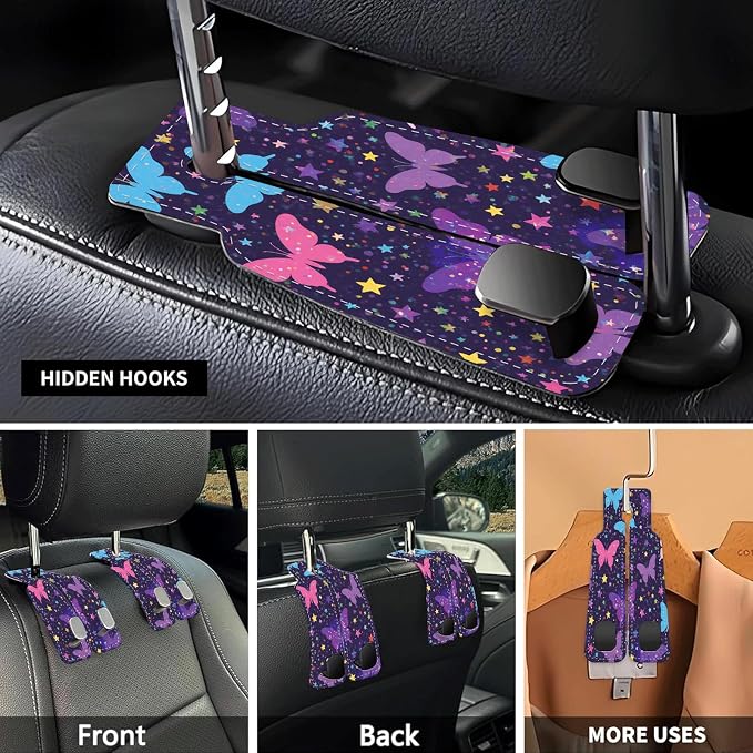 Car Seat Headrest Hook, Universal Leather Cute Hanger Holder Hook, Storage Organizer Interior Accessories for Purse Bags Handbag Purple Cute Butterfly - Image 3