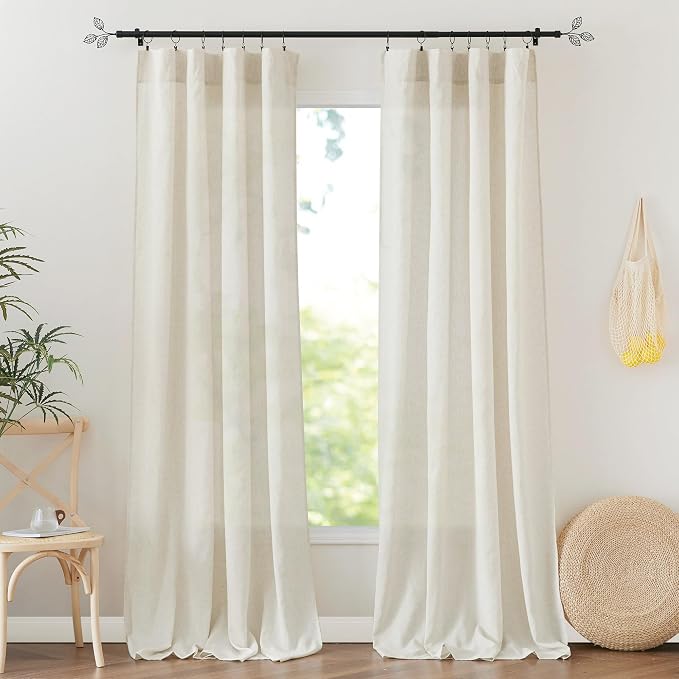 RYB HOME Linen Sheer Curtains 2 Panels for Living Room, Semi Transparent Privacy Drapes with Rod Pocket Farmhouse Style Window Treatments for Bedroom, Linen, 52" W x 90" L by RYBHOME