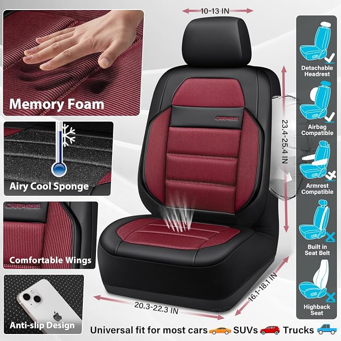 CAR PASS Memory Foam Seat Covers Front, Airy Cool Mesh Thick Car Seat Covers, Leather Car Seat Covers Front Seats Airbag Compatible, Universal Automotive Comfort for Most Cars, Trucks, SUV, Burgundy - Image 4