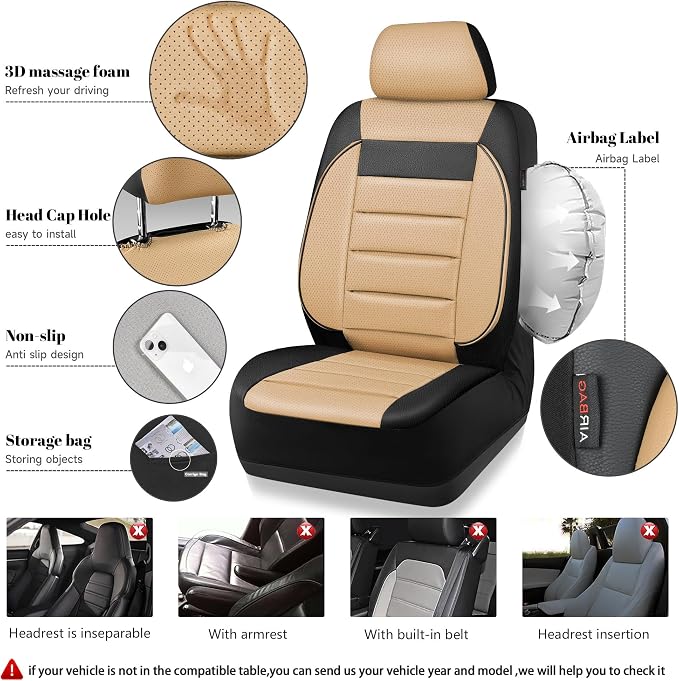 CAR PASS Faux Leather Car Seat Covers Front Seats Only, 3D Foam Support Car Seat Covers, Universal fit for Trucks Vans SUVs Sedans Automotive Comfortable, Airbag Compatible 2 Pieces Front Black Beige - Image 4