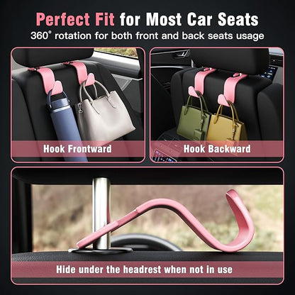 4-Pack Car Headrest Hooks Holds 55lbs Seat Storage Organizer for Bags | Durable ABS Material, 360° Rotating, Car Hanger for Backpack Umbrella Water Bottle Coat Purses Handbags Groceries, Pink - Image 5