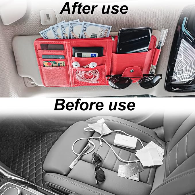 Keedolla Car Sun Visor Organizer with Multi-Pocket Net Zipper, Truck Visor Organizer Storage Pouch Holder for Cards, Pens, Sunglasses, CD Holder - Red - Image 8