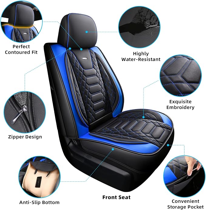 FREESOO Custom Leather for Toyota Tundra Seat Covers 2014-2021 Crewmax Cab | Custom Fit, Full Set, 60/40 Split Bench, Waterproof Faux Leather, for Truck Toyota Tundra Accessories, Blue - Image 5
