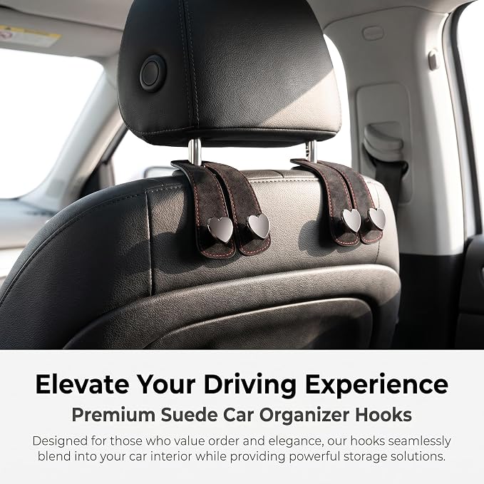 2 PCS Car Seat Backpack Hooks, 2 in 1 Seat Headrest Hooks, Leather Double Hook Organizer, Foldable Heart Shape Storage Hook with Phone Holder, Universal for Most Cars, Trucks, SUVs (Black) - Image 3