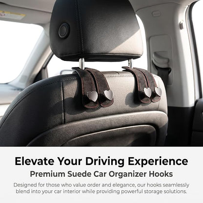 2 PCS Car Seat Backpack Hooks, 2 in 1 Seat Headrest Hooks, Leather Double Hook Organizer, Foldable Heart Shape Storage Hook with Phone Holder, Universal for Most Cars, Trucks, SUVs (Black) - Image 3