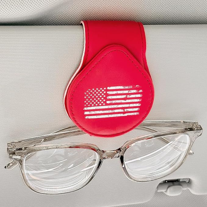 American Flag - Car Sunglass Holder, Magnetic Leather Eyeglass Hanger Mount Clip Holder for Car Visor Accessories (Red) | Magnetic Leather - Image 2