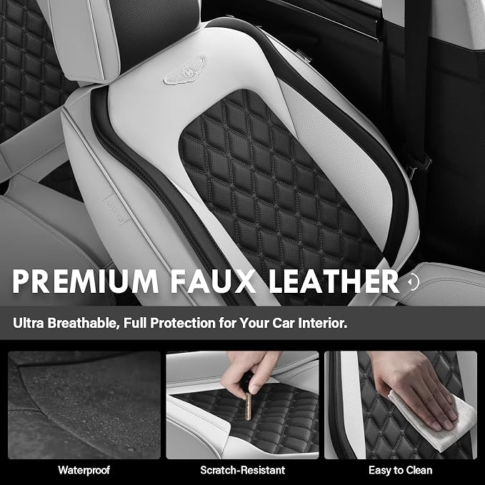 Coverado Car Seat Covers Front Seats, Luxury Stain-Resistant Waterproof Faux Leather Full Set with Rear Protectors, Elegant Easy-Clean Automotive Interior – WhiteBlack - Image 6