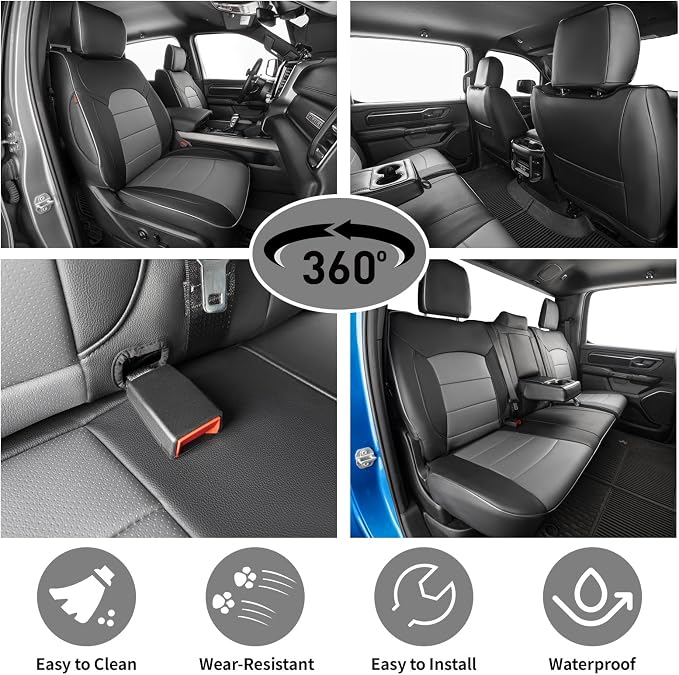 EKR Ram 1500 Seat Covers Custom Fit for (Quad Cab) RAM 1500 Tradesman 2019 2020 2021 2022 2023 2024 2025,Waterproof Black Car Seat Cover for Trucks Full Set-Faux Leather(Black/Gray) - Image 6