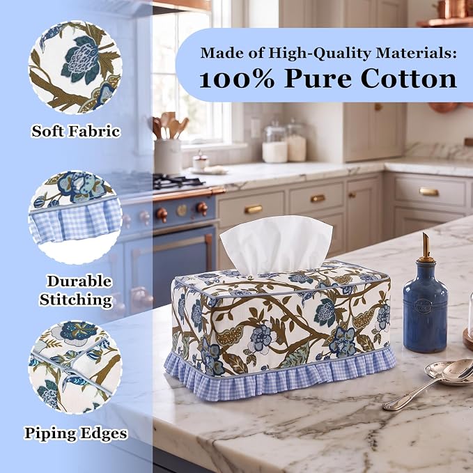 Block Print Fabric Tissue Box Cover, Chinoiserie, Navy Blue | Rectangular Ruffle Sleeve, Decorative Holder for Bathroom Vanity Car, Napkin Dispenser Grand Millennial Boho Decor Home - Image 3
