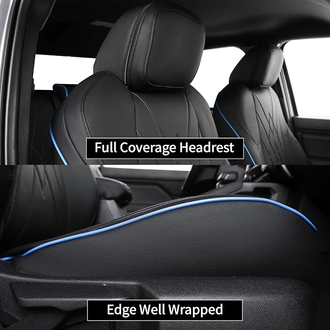 EKR Tacoma Car Seat Covers Custom Fit for Toyota Tacoma (Petrol) 2024 2025 2026 DoubleCab/CrewCab SR/SR5/TRD Sport/TRD Off-Road/Limited -Truck Seat Covers Full Set,Faux Leather (Black with Blue Trim) - Image 3