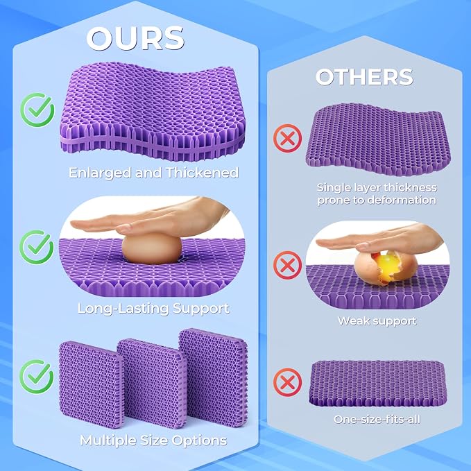 TushGuard Gel Seat Cushion for Long Sitting, Breathable Thick Patent Design | Enlarged Cooling Chair Pad for Office Chair, Wheelchair, Desk Chair, Supportive Car Cushion (2.2"Thinck, Black+Violet) - Image 7