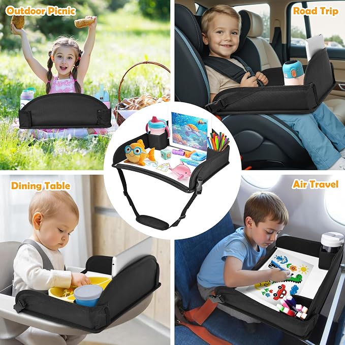 Kids Travel Tray for Car Seat, Road Trip Activities, Black | With 16.7" x 13.4" Smooth Dry Erase Board, Cup holders, Ddjustable Strap & Shoulder Carry Strap - Image 8