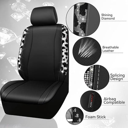 CAR PASS Cow Diamond Leather Bling Car Seat Covers Universal, Faux Shining Rhinestones Two Front only, Fit 95% Automotive Glitter Crystal Sparkle Strips for Cute Women Girl, 2PCS Cow Silver Diamond - Image 3