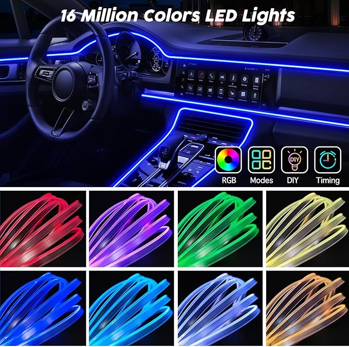 USB Car LED Lights, Interior Car Lights Strip with APP and RF Remote Control, 2 in 1 Ambient Lighting with 157 inches Fiber Optic Music Sync Simple Installation EL Wire Lights (2 in 1/157 inches) - Image 2