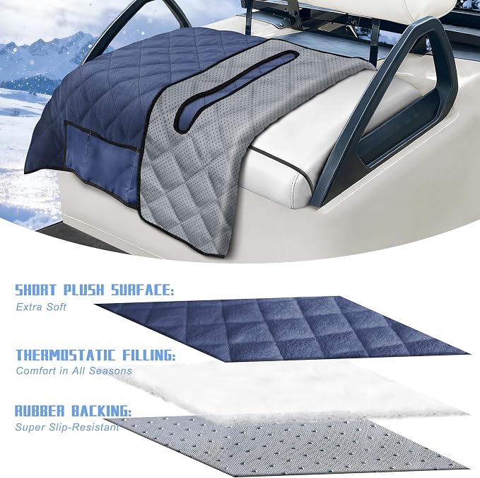 YOKYHOM Golf Cart Seat Covers with 4 Front Pockets, Thick Seat Towel Blanket with Non-Slip Backing, Fits EZGO, Club Car, Yamaha and More 2 & 4 Passenger Golf Carts, Navy Blue - Image 2
