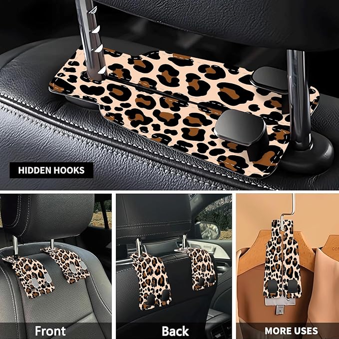 Car Seat Headrest Hook, Universal Leather Cute Hanger Holder Hook, Storage Organizer Interior Accessories for Purse Bags Handbag Luxury Leopard Red - Image 3