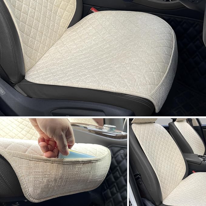 BOPUOVRE Linen Front Car Seat Covers Breathable Fabric | Car Seat Protector Universal Fit Cars Vans SUVs Trucks 2 Units Beige - Image 2