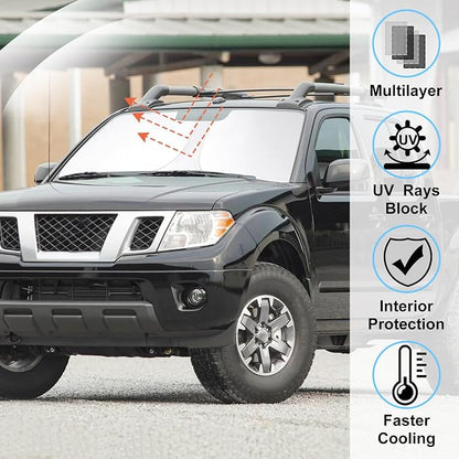 Windshield Sun Shade for 2006-2021 Nissan Frontier Accessories | Full covered for windshield, Foldable & Durable, Block UV Rays, Reduce Heat, Easy to install, Keep Car Cooler - Image 2