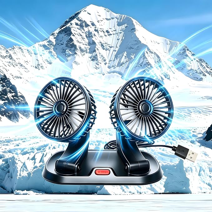 Adjustable Dual Head Car Cooling Fan-Brushless Motor-2 Speeds, 360 Rotation, for Car Dashboard, Powerful Cooling Solution for SUV/RV/Truck/Sedan/Cruise/Office, USB Powered (2-head 5V) by Unknown