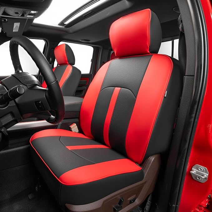 Seat Covers Custom Fit for Dodge 2009-2018 Ram 1500 Crew Cab,Red/Black | Custom Fit Faux Leather Full Set,Waterproof & Wear-Resistant,Fits for 4th Gen Ram 1500 Big Horn/SLT/Lone Star,Easy to Clean by Vidokena