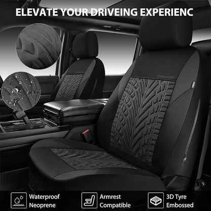 CAR PASS Neoprene Waterproof Seat Covers Full Sets, Wetsuit Car Seat Covers 5 Seats Universal Fit Vans, Truck, SUV, 3D Tyre Embossed Seat Covers Anti Slip with Armrests, Aibag Compatible(Black Gray) - Image 8