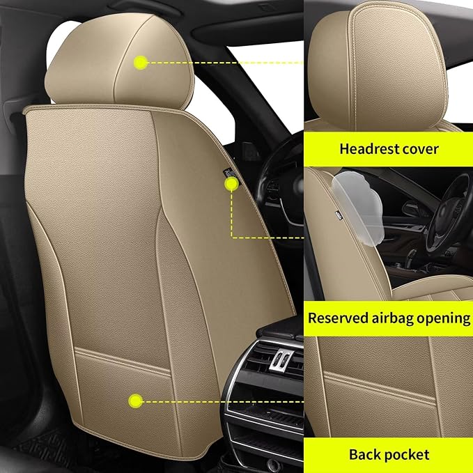 IKABEVEM Car Seat Covers for Hyundai Palisade 2020-2026, 2-Pack Front | Luxury Fuax Leather, Waterproof, Airbag Compatible, Easy to Install, Scratch‑Resistant Seat Protection, Beige - Image 2