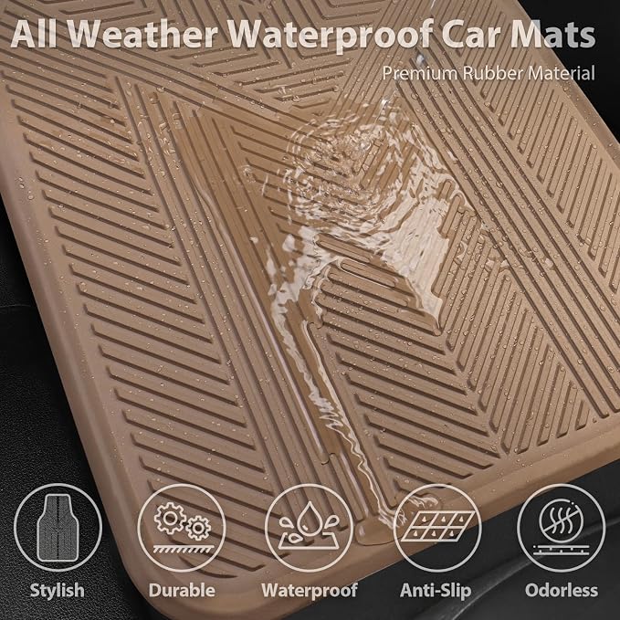 CAR PASS Universal Car Floor Mats & Cargo Liner Full Set, Waterproof Anti-Slip Rubber Trim to Fit Trunk Mats All Weather Protection Fit Car SUV Sedan Coupe Vehicle Automotive 5 Pieces, S-M Size Beige - Image 4