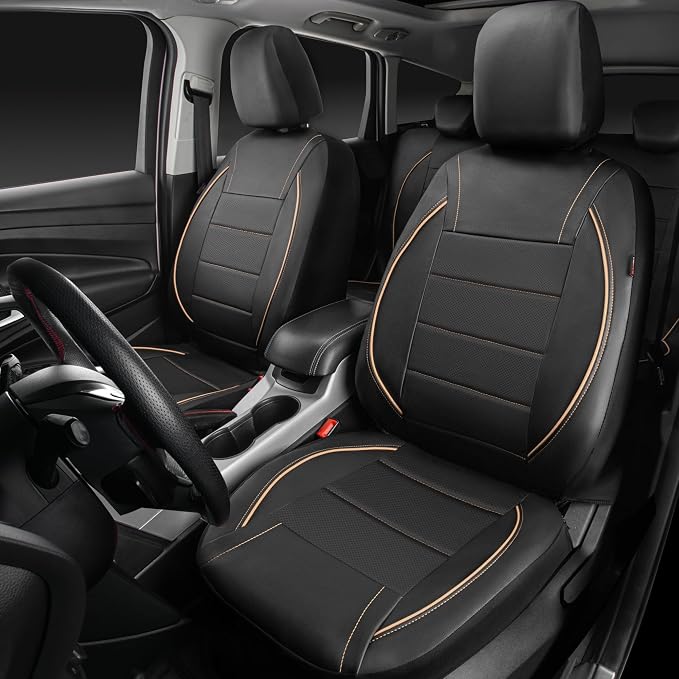 CAR PASS Universal FIT Piping Leather Car Seat Cover, for suvs,Van,Trucks,Airbag Compatible,Inside Zipper Design and Reserved Opening Holes (Full Set, Black and Beige) - Image 2