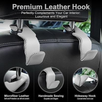 LivTee Gray Superior Leather Car Seat Back Headrest Hook, Auto Seat Hook Hangers Interior Accessories for Purse Coats Umbrellas Grocery Bags Handbag, 2-Pack - Image 2
