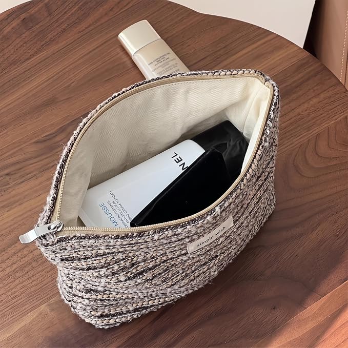 RSRSLEII Striped Travel Makeup Bag, Cute Toiletry Bag (11 Brown Stripe) | Aesthetic Portable Cosmetic Bag with Zipper, Vintage Makeup Pouch with Canvas Lining, Car Storage Bag for Women and Girls - Image 5