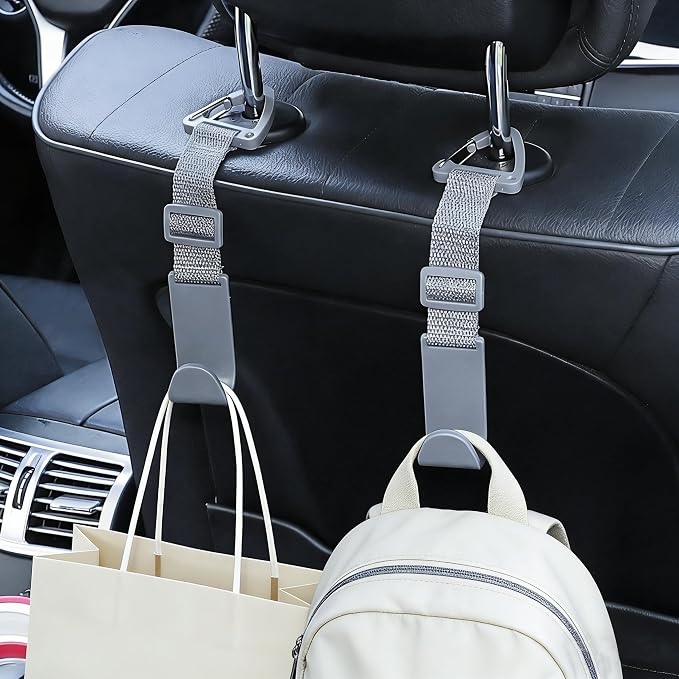 4-Pack Universal Car Headrest Hooks Anti-drop Seat Back Organizer for Bags | Adjustable Nylon Straps, Heavy-Duty Holds 40 lbs, Thickened ABS, Hanger for Handbag Backpack Groceries Water Bottle, Gray - Image 2