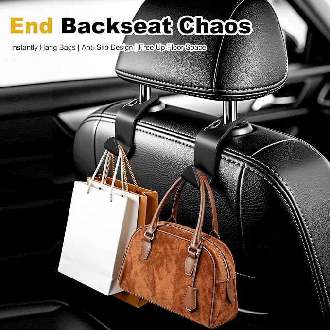 4-Pack Car Headrest Hooks Organizer for Purses Bags Groceries Backpack, 360° Rotation, Black - Image 6
