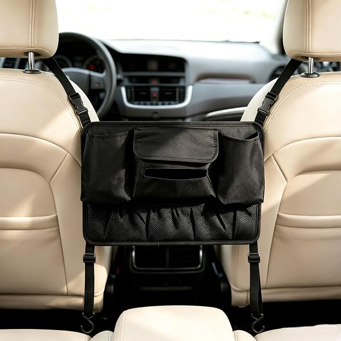 Car Purse Holder Between Seats, Upgraded PU Leather & Mesh Car Organizer Front Seat with Cup Holders, Tissue Holder, Pet & Child Barrier Net for SUV Truck Large Sedan - Image 8