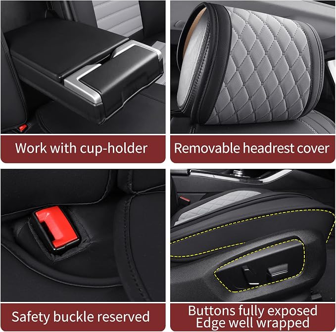 Leather Car Seat Covers Full Set Universal Fit Toyota, Black-Grey | Waterproof Cushion Compatible with 4Runner Nissan Altima Honda Chevy Impala Colorado Cruze Malibu Ford Cadillac Lexus - Image 5