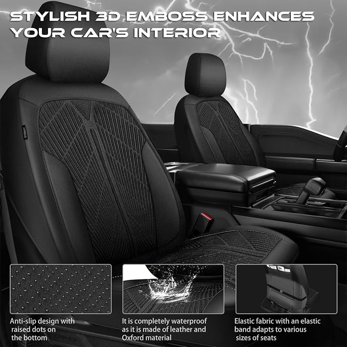 CAR PASS Oxford Leather Car Seat Covers Front 2 Only, Scratch Thick Seat Covers Waterproof, Universal Fit for Truck SUV Sedan, Durable All Weather, Emboss Black - Image 4