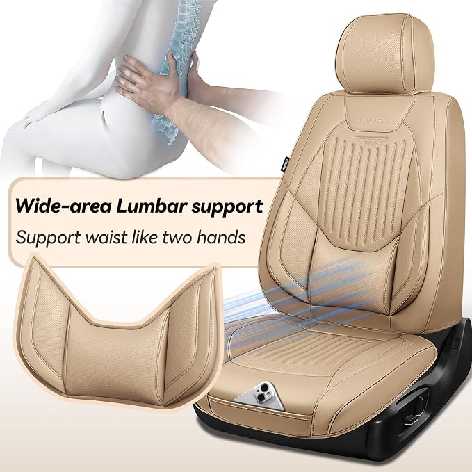 CAR PASS Luxury Nappa Leather Car Seat Covers Full Set, Lumbar Support Seat Covers for Car 5 Seats, Waterproof Car Seat Protector, Automotive Seat Covers Universal Fit for Most Sedans SUV Trucks Beige - Image 5