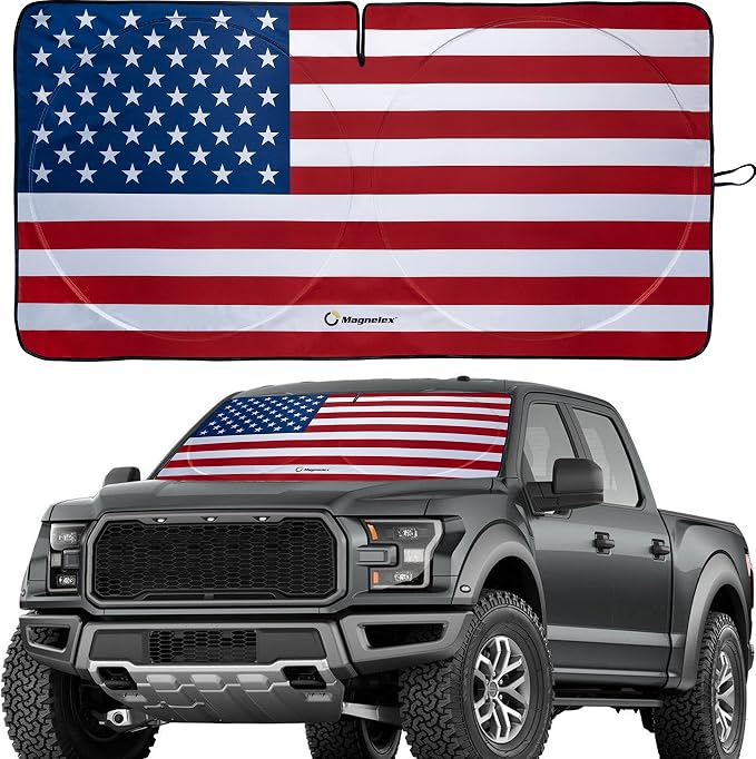 Magnelex American Flag Windshield Sun Shade, High-Resolution Sun Shield with Mirror Cut-Out for Automotive Interior Sun Protection Heat Reduction, Folding Car Sunshade with Storage Bag - X-Large by Magnelex