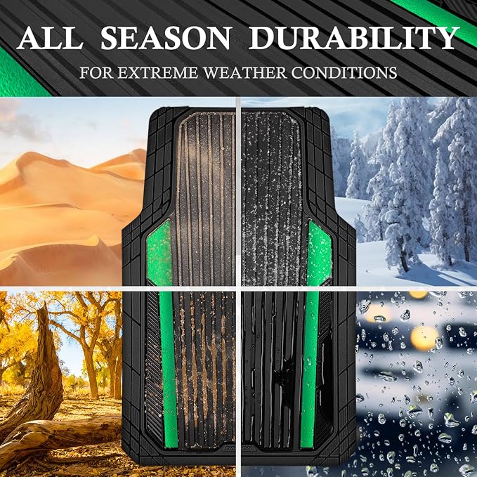CAR PASS Heavy Duty Rubber Car Mats Metallic,Aluminum Film All Weather Floor Mats Waterproof Universal Trim to Fit SUVs Sedans Vans 4 Piece Anodized Deep Dish Two-Tone Sporty Black Green Chrome - Image 3