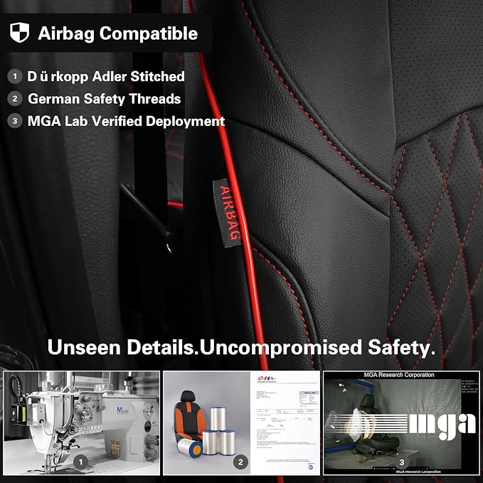 EKR Car Challenger Seat Covers 2008-2010,Leatherette Full Set | Custom Fit for Dodge Challenger 2008 2009 2010-Faux Leather(Black with Red Piping) - Image 4