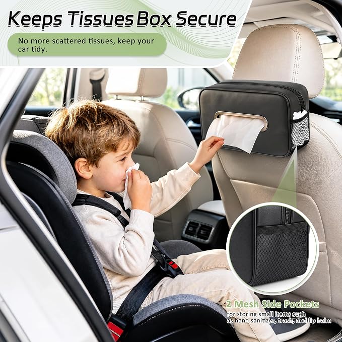 Car Tissue Box Holder PU Leather Car Organizer with Side Storage Pockets | Tissue Box Cover, Fits 120-160 Standard Rectangular Tissue Boxes, Large Capacity Backseat Tissue Organizer for Car SUV Truck - Image 3